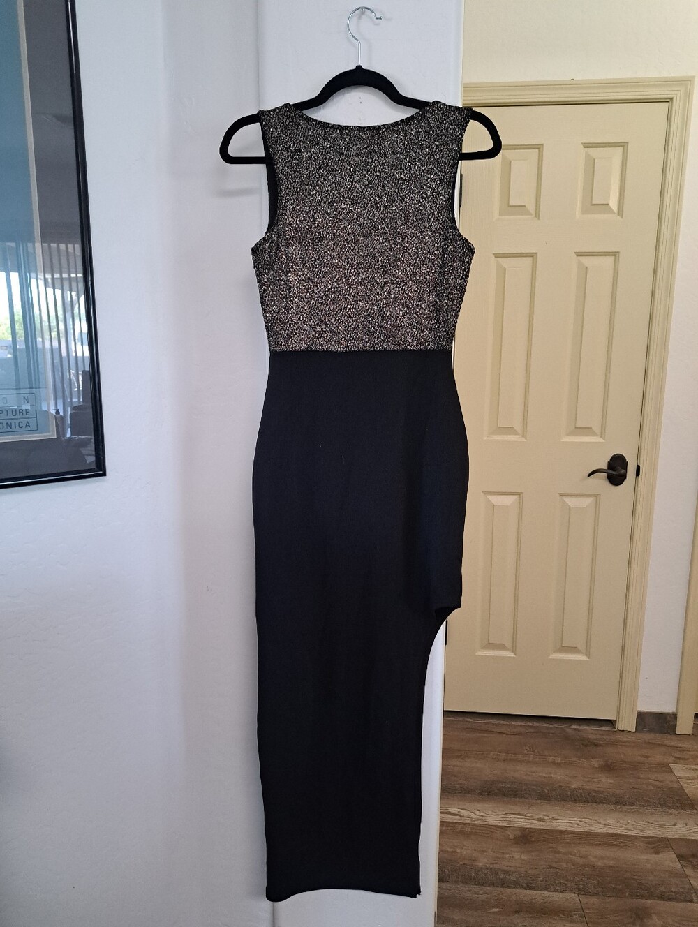 Sarah La Vintage Black Maxi Dress with Sparkling Silver Bodice Deep V Neckline M - Picture 4 of 6